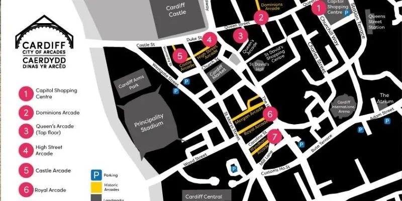 Cardiff Castle Map through historic arcade routes